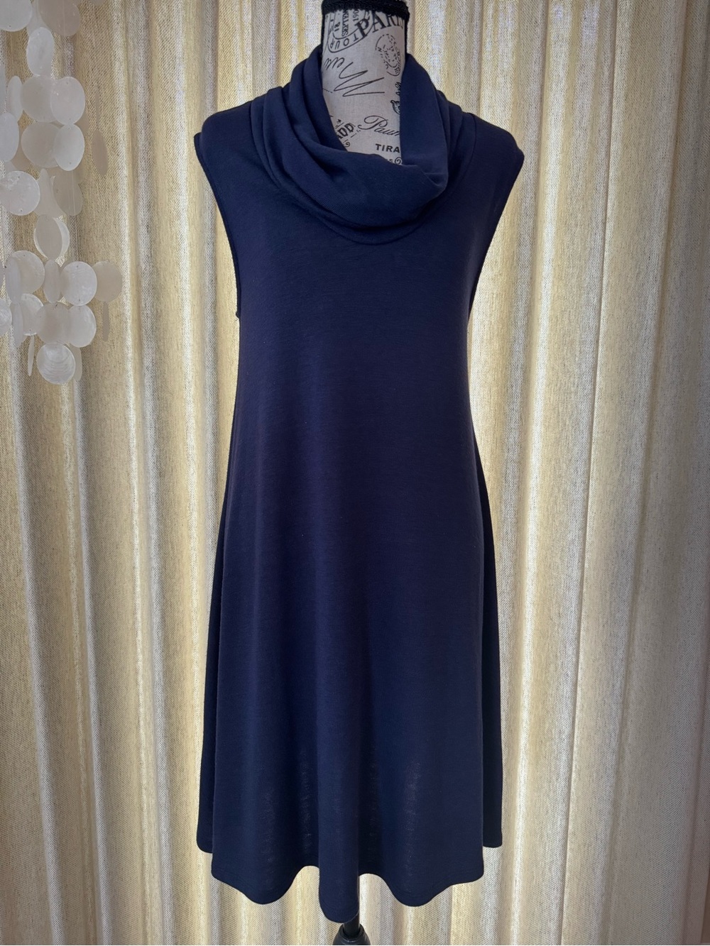Sleeveless Cowl Neck A-Line Dress in Navy